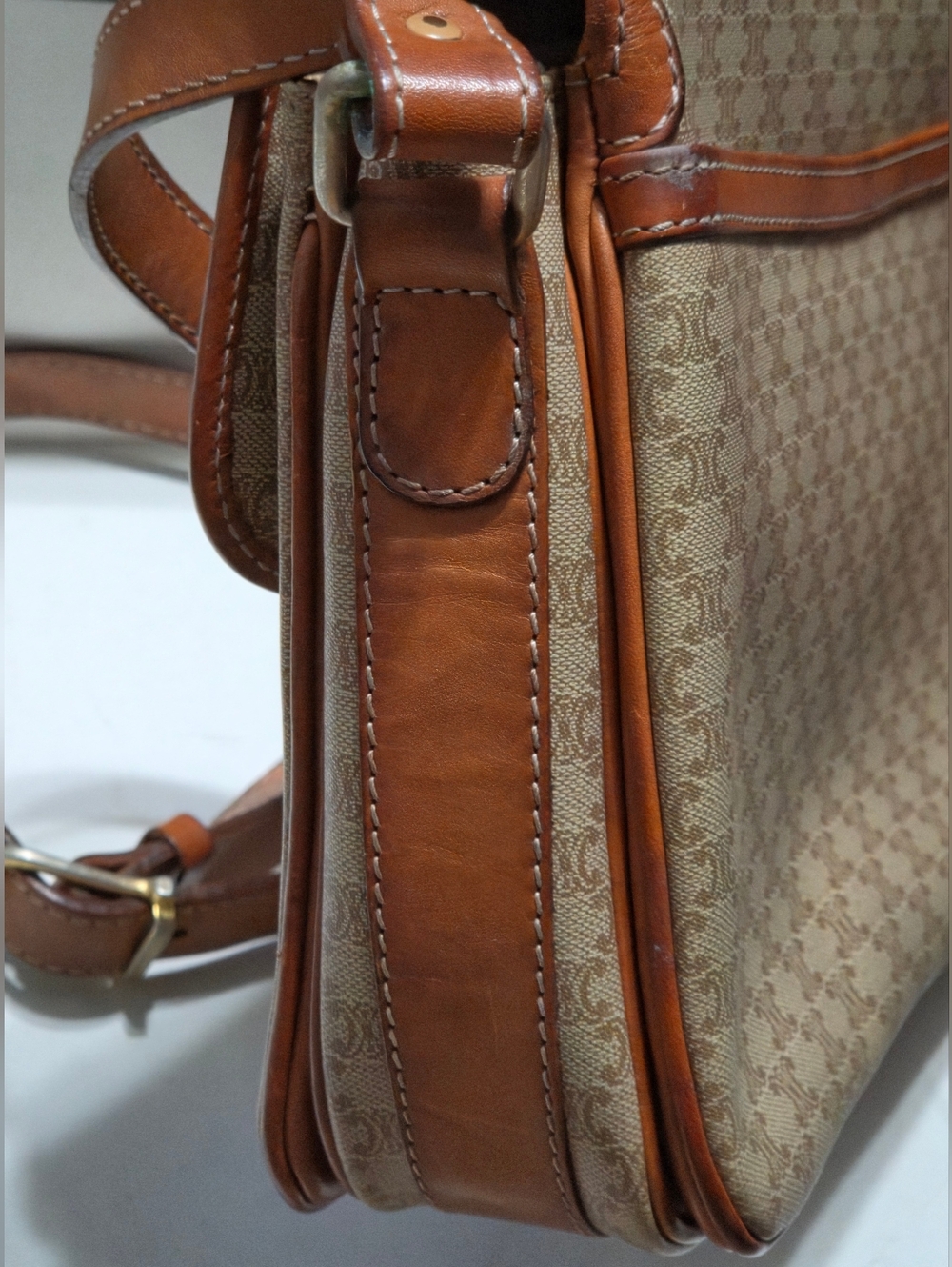 CELINE Macadam Brown Leather Trim Crossbody Shoulder Purse Bag PVC Canvas Beige - Picture 10 of 16